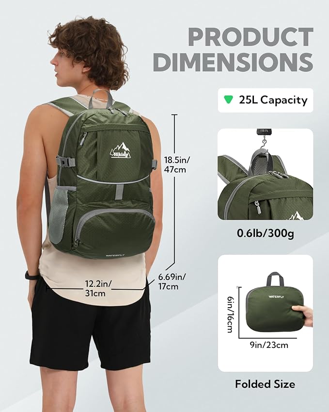 WATERFLY Hiking Packable Daypack Backpack: 25L Ultra Lightweight Day Pack for Women Men - Small Compact Folding Back Pack for Outdoor Sport Cycling Camping Travel Trip - Green