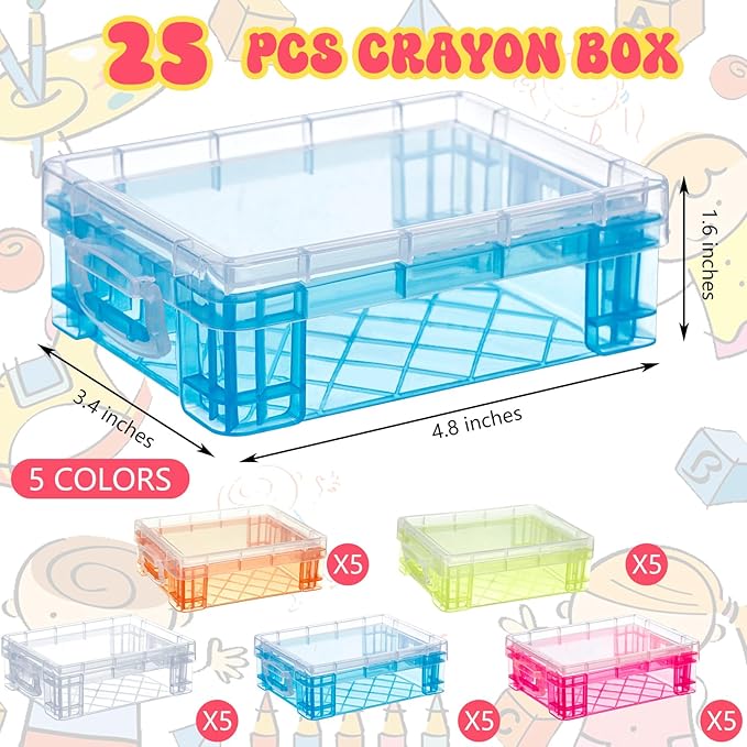 Suzile 25 Pcs Plastic Crayon Boxes with Snap Lids Crayon Storage Organizer Stackable Container Bulk Pencil Case for Pen Crafts Classroom Supplies(Clear, Red, Blue, Green,Orange)