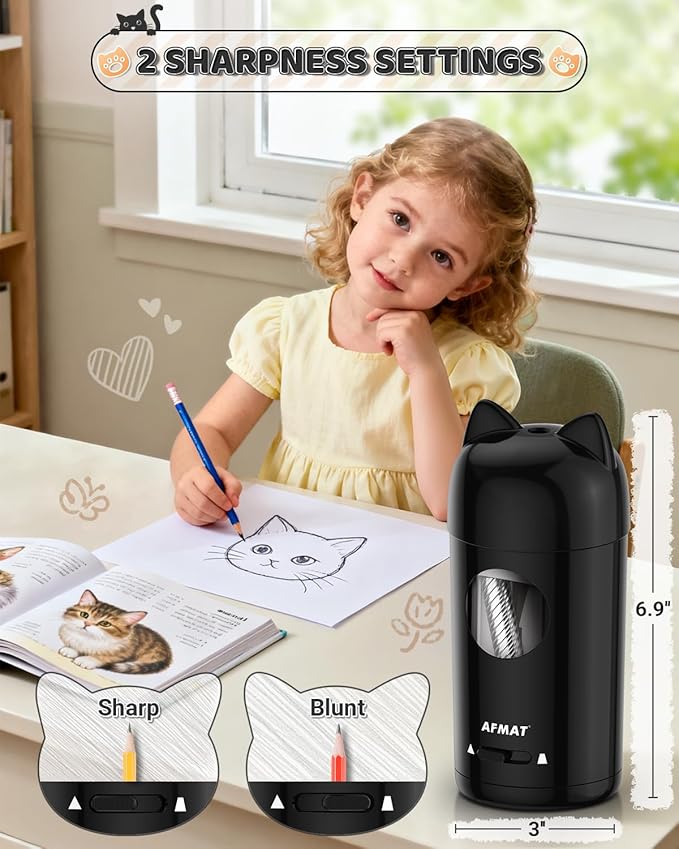AFMAT Electric Pencil Sharpener, Fully Automatic Pencil Sharpener for Kids, Auto in & Out, for φ7-8mm No.2/Colored Pencils, Rechargeable & Cordless, Cute Cat Pencil Sharpeners for Classroom Home PSX9