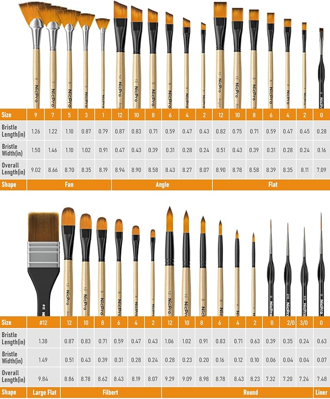 Nicpro 36pcs Paint Brush Set, Professional Paintbrushes with Palette Knife and Cloth Roll, Suitable for Acrylic Painting, Oil, Watercolor, Gouache, Art Supplies for Artists & Beginners (Wooden Color)