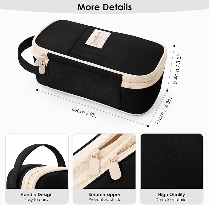 SKYDUE Black Pencil Case for Girls & Boys - Aesthetic Pencil Bag with Multi-Compartment, Large Capacity Zippered Pencil Pouch for School Supply