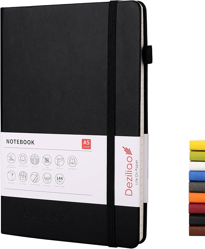 Lined Journal Notebooks with Pen Loop, Hardcover Notebook Journal for Work, 100Gsm Premium Thick Paper with Inner Pocket, Medium 5.7"x8.4", （Black, Ruled）