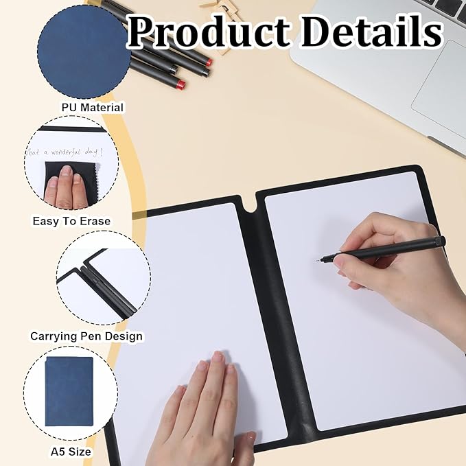 Thinp A5 Dry Erase Notebook, 9.5x6.6 Inch Whiteboard Notebook Reusable Folding White Board Double Sided Handheld Whiteboard for Business Office School Home (Dark Blue)