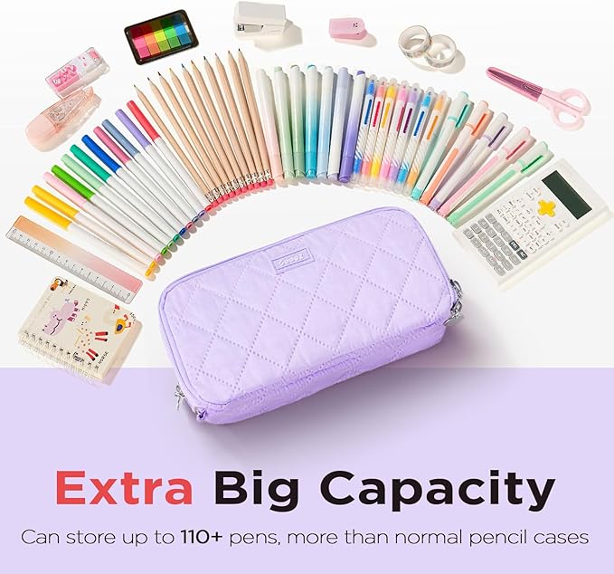 Sooez Large Pencil Case Pouch, Extra Big Pencil Bag with 8 Compartments, Pen Bag Wide Opening, Soft Quilted Pencil Pouch Organizer with Zipper, Portable Pencil Case for Teen Girls, Purple
