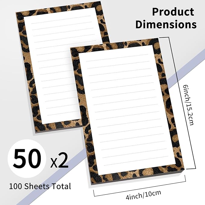 2 Pack Lined Sticky Notes 4x6 in, Cute Self-Stick Notepads with Lines, Large Memo Pads Strong Adhesive for Office, Home Gold Black Leopard