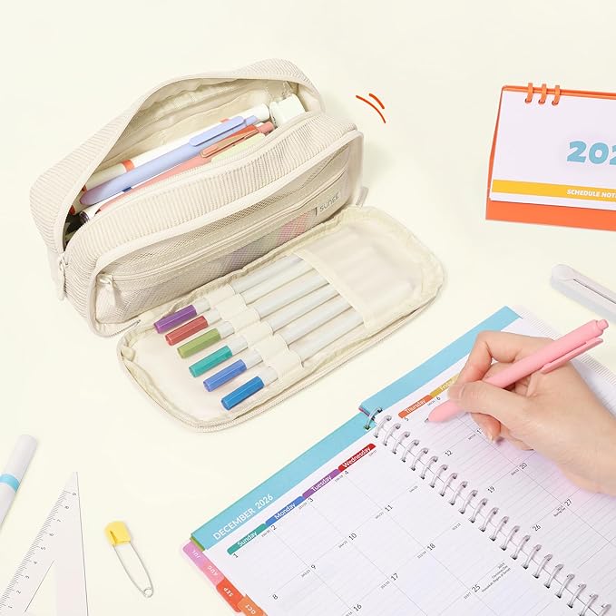 SUNEE Pencil Case, Large Capacity Pencil Pouch, Aesthetic Big Pen Bag, Soft Corduroy Fabric Pen Box for Office Stationery Organizer School Supplies Multifunctional for Teen Boys Girls Women Men, Cream