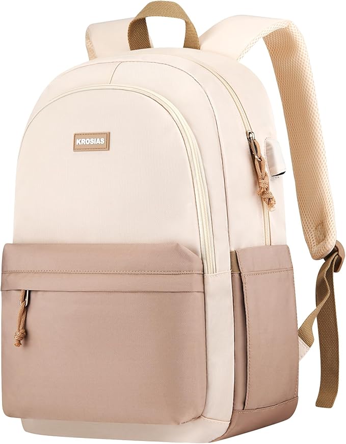 KROSIAS School Backpack for Teens Girls, Cute Student Bookbag Large 17.3 Inch Laptop Bag Aesthetic College Backpacks for Women High School Travel (Khaki Beige)