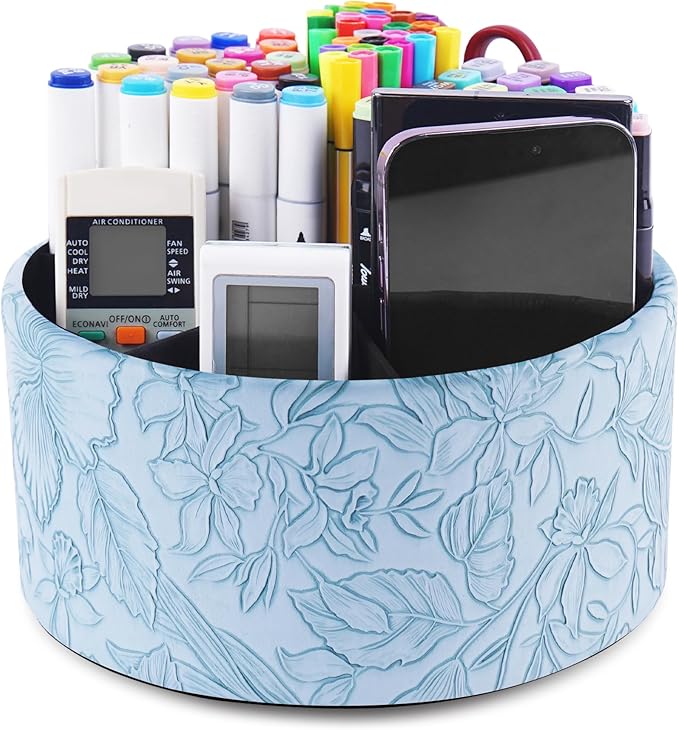 Remote Control Holder, 360°Spinning PU Leather Desk TV Remote Caddy,Desk Storage Box Room Accessories for Controller, Media,Mail,Calculator, Mobile Phone,Pencil(1-Carved Blue)