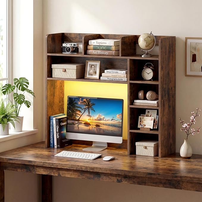 Giantex Desktop Bookshelf with LED Lights, 35.5" Desk Hutch Dorm for Up to 25 Inch Computer Monitors with Adjustable Storage Shelves, Wood Desk Organizer Shelves for Home Office (Rustic Brown)