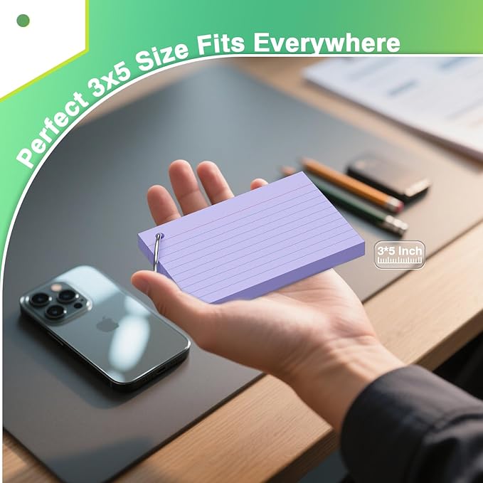 250 Sheets Colored Index Cards with Ring 3 x 5 Inch Heavyweight Ruled Flash Cards, Flashcards with Ring for School & Office Supplies and Home Organization, Durable Study To Do List Lined Note Cards