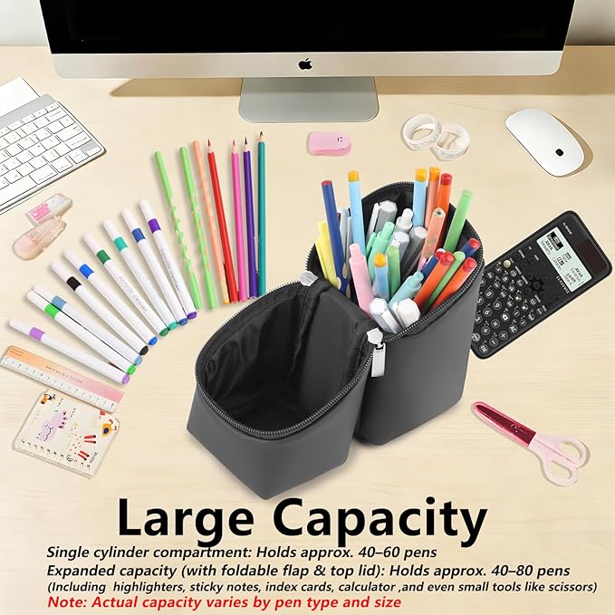 Standing Aesthetic Pencil Case Pouch Large Capacity Preppy,Double Zipper with Handle Multi Compartments Organizer,Black