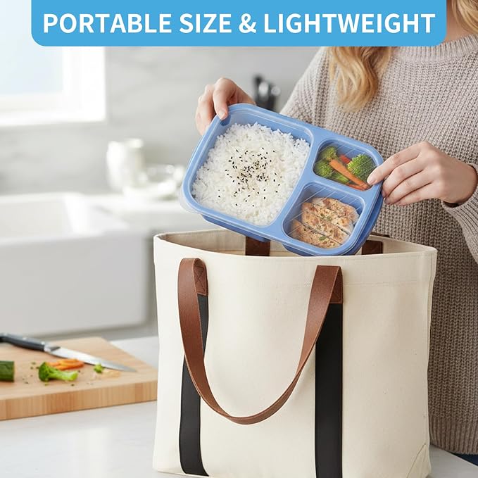 4 Pack Bento Lunch Box Set, 3 Compartment Leakproof Stackable Food Containers, Reusable Wheat Straw Lunch Boxes for Adults Work and Travel