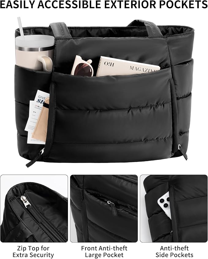 Bagstellar Puffer Tote Bag for Women, Lightweight Puffy Work Handbag Teacher Nurse Quilted Shoulder Bag for School Travel Gym | Cloud Bag w/ Zipper