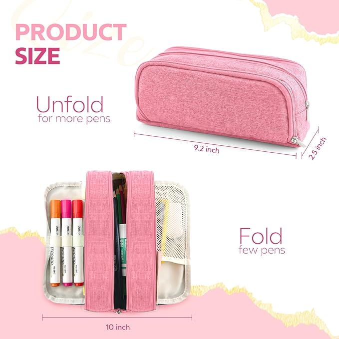 Large Capacity Pencil Case Pencil Pouch Pen Bag with 3 Compartment Stationery Organizer with Zipper, School Supplies Organizer for Teen Adults (Pink)