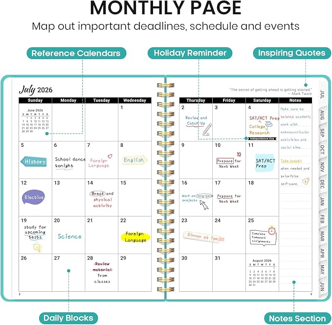 Planner 2026-2027 for Women & Men, Academic Monthly and Weekly Calendar Planner, Jul 2026 - Jun 2027, A5 (6.3" x 8.5"), Teacher Student Planning Book with Tabs, Ideal for Office School Supplies - Aquamarine