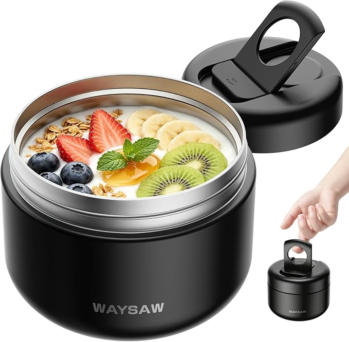 14 oz Kids Thermo for Hot Food, Leakproof Insulated Vacuum Jar/Black | 316 stainless steel wide mouth buckle lid BPA free pasta soup small hand friendlly keep food hot and cold school lunch picnic