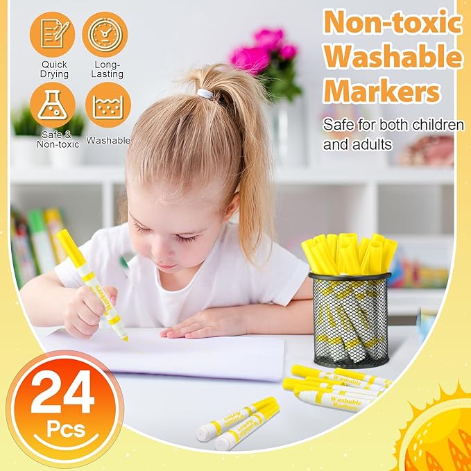24 Pcs Washable Markers Bulk Broad Line Markers Coloring Conical Tip Large pens for Kids art projects, Teachers, Students, Toddlers, Party Favors, Classrooms, Donations(Yellow)