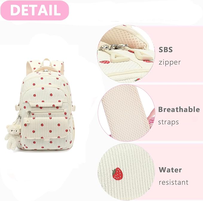 PRLINJSK Girls Backpack for College High Middle School Student, Cute Aesthetic Bookbag for Teens Women with Accessories, Beige Strawberry