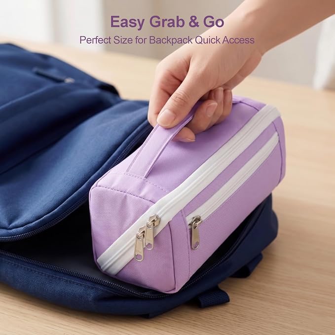 Large Pencil Pouch for Teen Girls, 8 Compartments, Purple | Large capacity pencil case, wide-opening organizer fits calculators, markers, pens; for middle school, high school, college