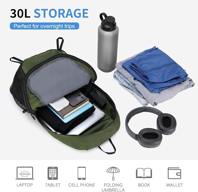 30L Large Hiking Daypack, Foldable Outdoor Backpack, Dark Green | Packable Daypacks for Men Women, Lightweight Water-Repellent Collapsible Daypack for Commuting Outdoor Sports Camping