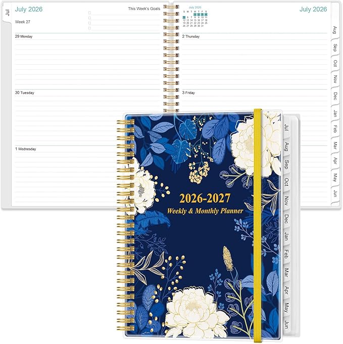 2026-2027 Planner - Weekly Monthly Planner 2026-2027 from July 2026 to June 2027 with 12 Monthly Tabs, Flexible Cover, Inner Pocket, 8.5" x 11", Blue Leaf Flower
