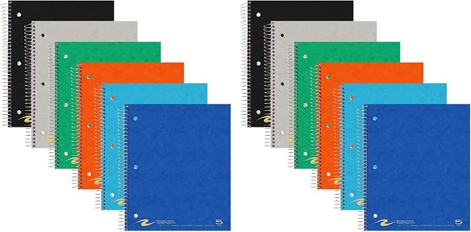 ROARING SPRING 5 Subject Spiral Notebook, 12 Pack, 11" x 9", College Ruled, 200 Perforated Sheets, Assorted Eco Press Covers, 5 Double Storage Pockets, Made in USA