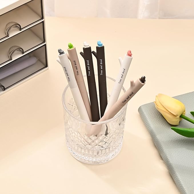 Temiary 6 Pcs Rotatable Quick-Dry Black Gel Ink Pens, Cute Gel Pen for Journaling Planning, 0.5 mm Fine Point Smooth Writing for School Office Home Supplies (Bird)