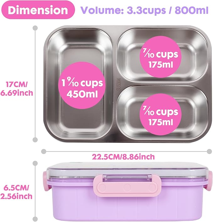 Stainless Steel Bento Lunch Box for Kids, 800ml/27oz BPA-Free Leak-Proof Food Containers with 3 Compartments, Freezer & Dishwasher Safe, Back to School Students Lunches Size for Ages 3-7