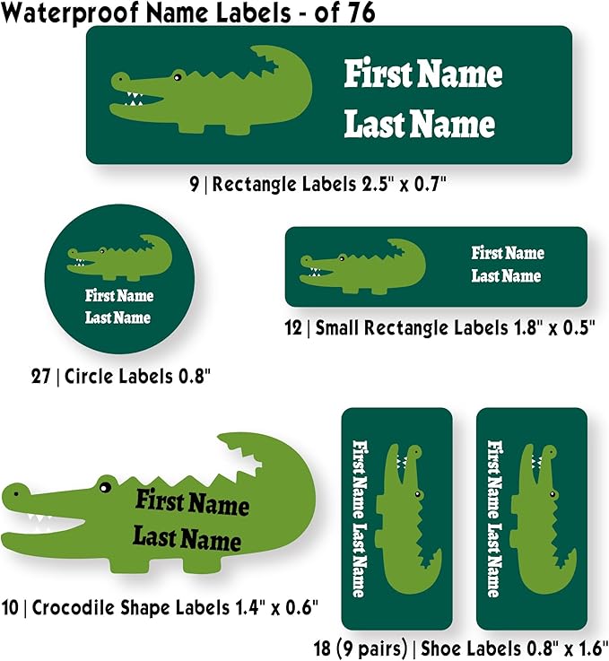 Personalized Kids Name Labels – Waterproof Custom Stickers for Daycare & School, Dishwasher & Laundry Safe (Crocodile - Deep Green)