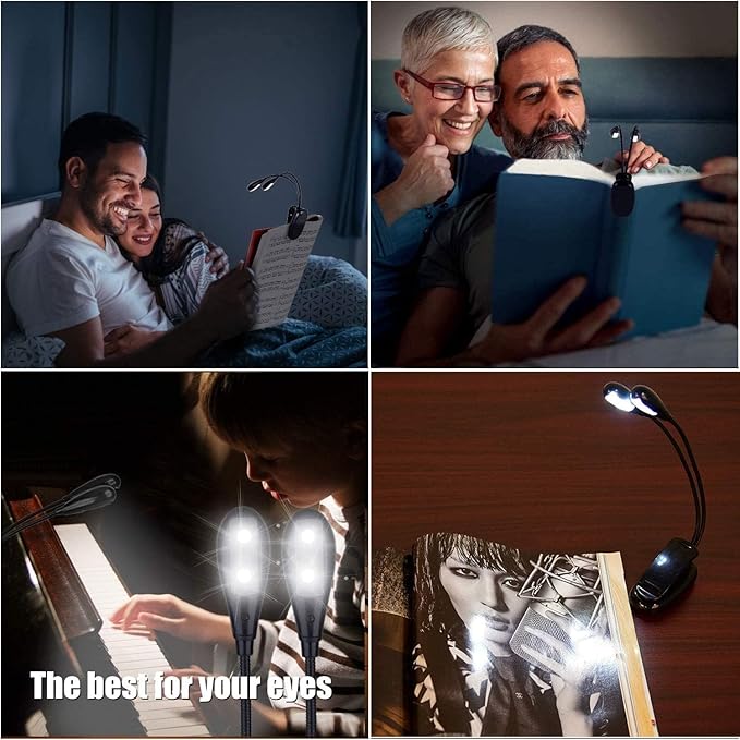 2 Pack Music Stand Light, Clip on Piano Light, USB and AAA Battery Operated, Eye Caring LED Book Lights, 2 Arm x 2 Brightness Levels, Ideal for Piano, Sheet Music, Orchestra, Guitar