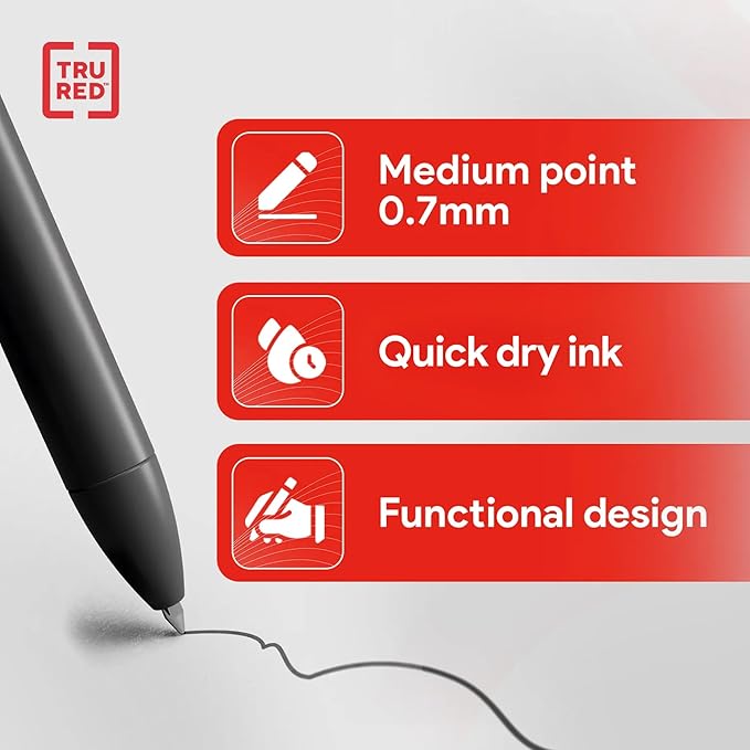 TRU RED Retractable Gel Pens, Medium Point 0.7mm, Black Ink, 5 Pack – Quick‑Dry Pens for No‑Smear Notes & Office Writing