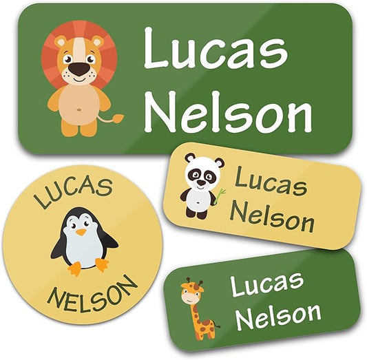 Bunny Badges Personalized Daycare Name Labels for Kids (130 Labels) - Custom Waterproof Name Stickers for Clothing Tags, Water Bottles, Lunch Boxes and School Supplies (Animals)