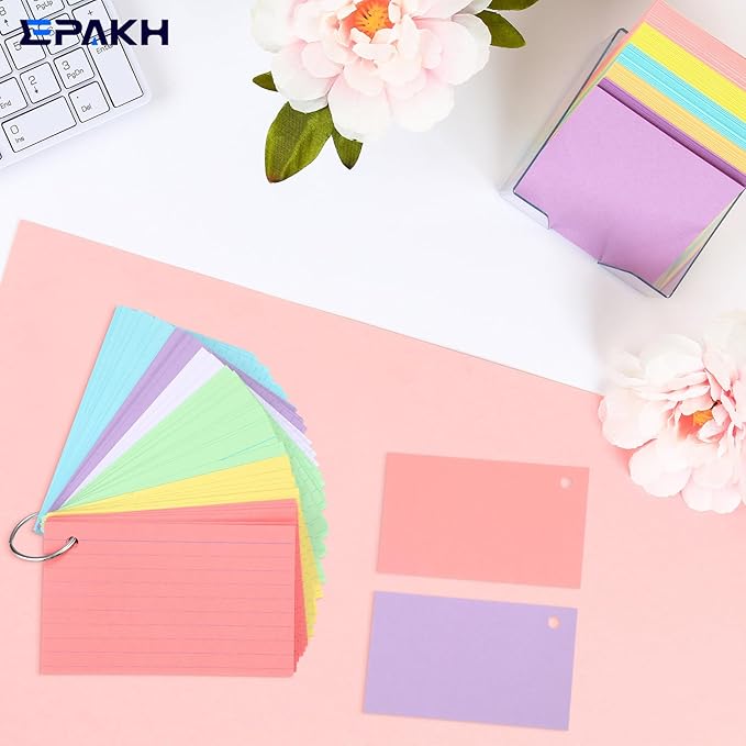 Epakh 300 Pieces Lined Index Cards 180 GSM Thick Flash Cards with Rings Notecards Punched Back to School for Studying Adults Home College Office(3 x 5 Inch,Light Color)