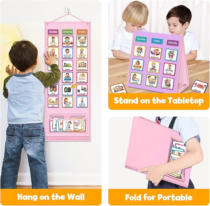 Large Visual Schedule for Kids Chore Reward Chart,Bedtime Routine Chart for Toddlers,Double Side Schedule Board with 109 Cards for Home School Planner,Autism Learning Materials (Pink)