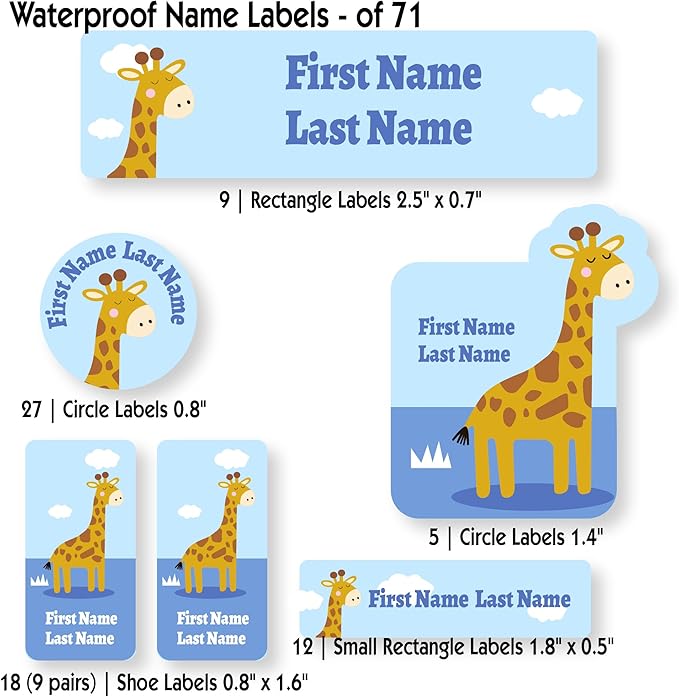 Personalized Kids Name Labels – Waterproof Custom Stickers for Daycare & School, Dishwasher & Laundry Safe (Giraffe - Blue)