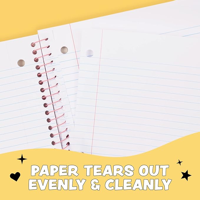 Yoobi College Ruled 8 x 10.5” Spiral Notebook Set – Bulk 6-Pack of 1 Subject Notebooks, Variety of Cute Designs – 100 Perforated 3-Hole Punched Sheets, For School, Office & Home