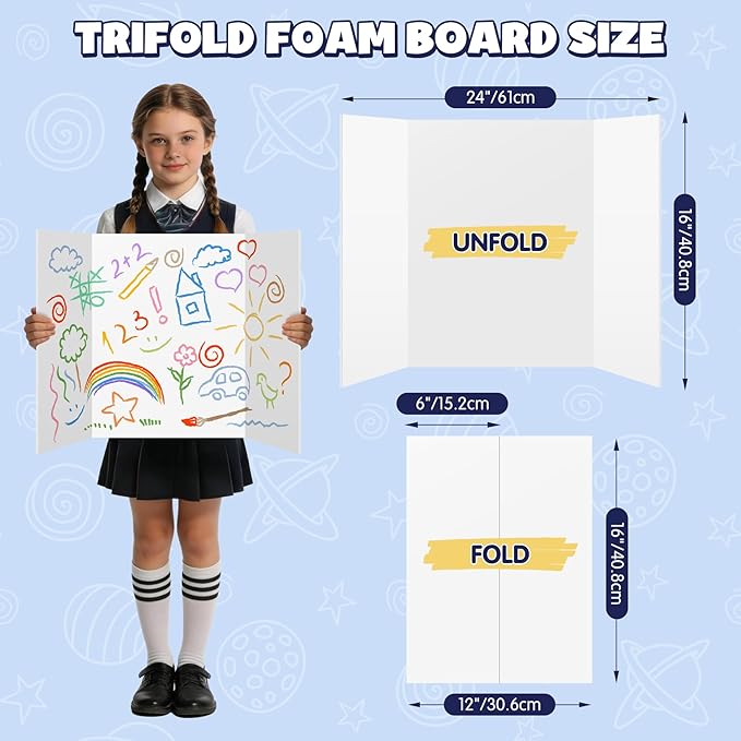 AKONEGE 3 Pack White Trifold Poster Board 24" x 16" Foam Core, Small Tri Fold Foam Poster Boards for Presentations, Science Fair Display, Photo Display, Office & School Projects, Event Exhibitions