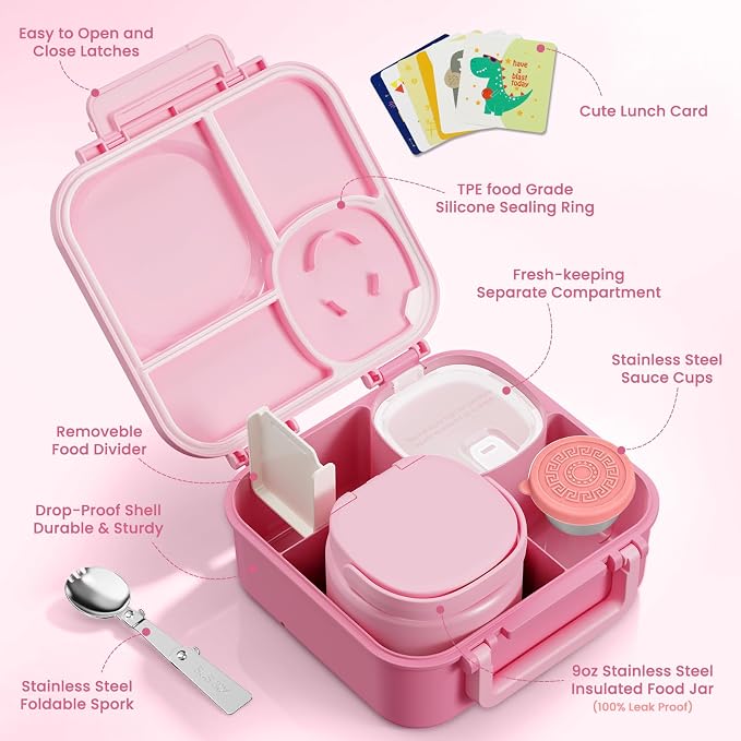 wiwens Kids Bento Lunch Box with Soup Thermo Food Lunch Container for Kid | 4 Compartment Leak-Proof Kids Lunch Box,9oz Stainless Steel Insulated Hot Food Jar,for Boys Girls Toddler to School Travel