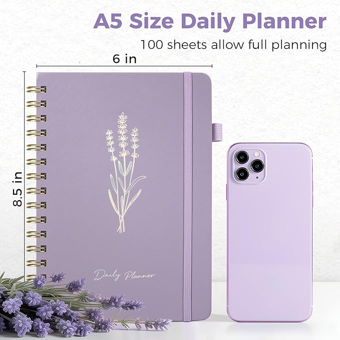 Oucaru Undated Daily Planner, A5 Spiral Notebook with Hourly Schedule, To Do List, Priorities, and Notes for Productivity - Easily Organize Your Tasks, Appointments & Goals for Women