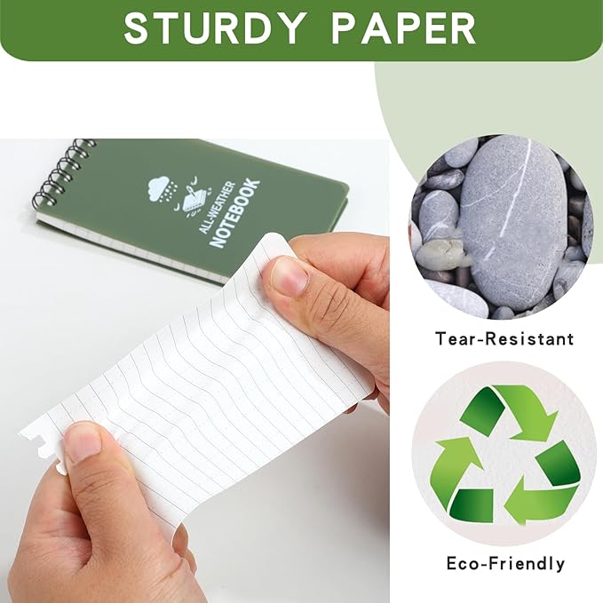 Waterproof Notebook, 4 Pack Pocket Notepad, 3" x 5" Top-Spiral Weatherproof NotePad, All Weather Police Pocket Notebook Mini Memo Steno Note Pads for Outdoor Office School Recording, Navy Green