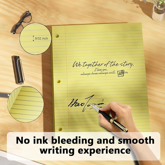 Yellow Loose Leaf Paper 100 Sheets Colored Filler Paper 8 * 10.5 College Ruled Paper 3-Hole Punched Paper for 3-Ring Binders Notebook Lined 8" x 10.5"