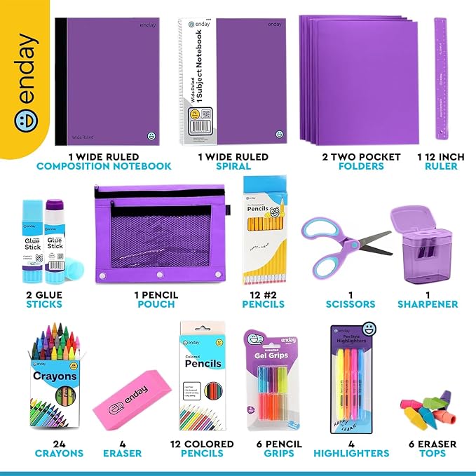 Back to School Supplies for Kids, Purple School Supply Box Grades K-5, Premium Quality Kids School Supplies Kit, Kindergarten School Supplies for Girls and Boys, 71 Piece Set - by Enday