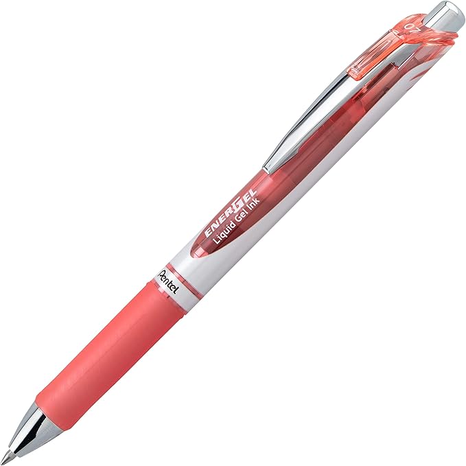 Pentel EnerGel RTX Retractable Liquid Gel Ink Pen, (0.7mm) Medium line, Coral Pink Ink, Box of 12 Pens (BL77-P3)