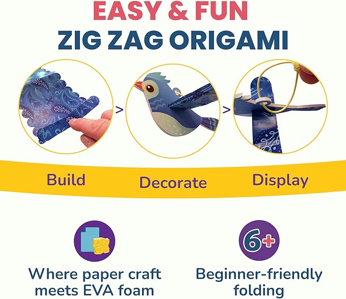 DIY Zig Zag Origami - Beginner Origami & EVA Foam & Paper Craft Kit for Kids 6-10 Yrs - Boys & Girls Build 20 Hanging Birds, Insects, & More - Use for Room Decoration, Christmas Ornaments, & More