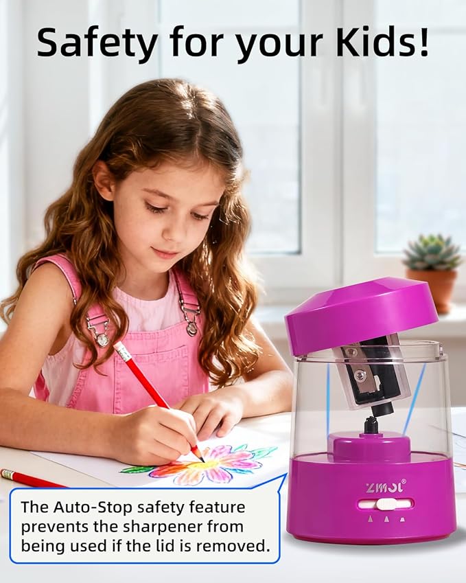 ZMOL Electric Pencil Sharpener Battery Operated Power Kids for Colored & Jumbo Pencils No.2/(6-12mm) - Safe & Easy Use Plug in Portable with (AC Adapter,USB, Battery) for Classroom/Office/Home Pink