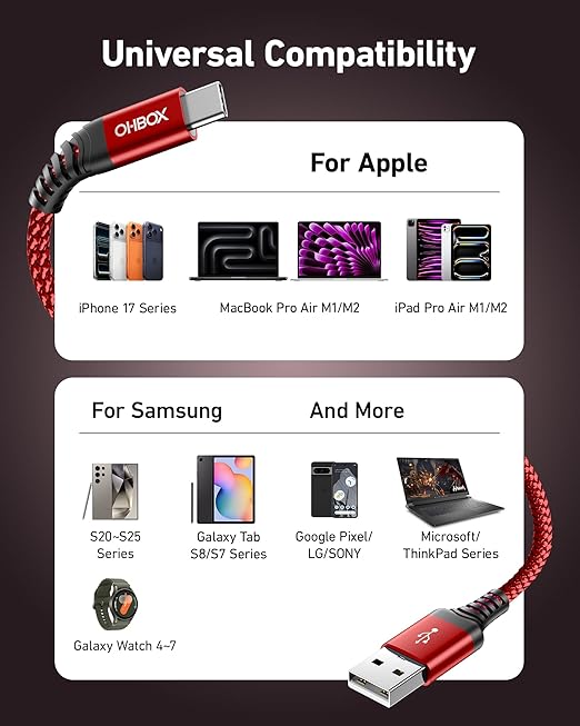 USB to USB C Cable Fast Charging [2 Pack 10FT], USB A to USB C Cable for Car, Durable Braided USB Type C iPhone Charger USBC Cord for iPhone 17/16/15/Pro Max/Plus, Samsung Galaxy S23 and More-Red