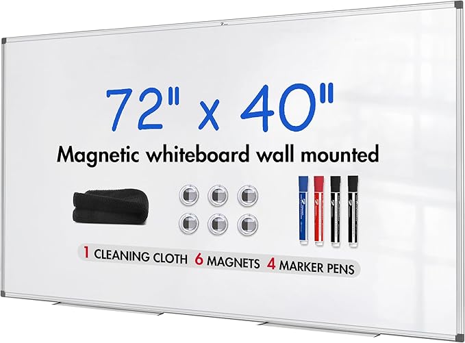 TOWON Magnetic Dry Erase Board, 72 x 40 in White Board Dry Erase, Aluminum Framed Whiteboard for Wall, Large Dry Erase Board Wall Mounted with Markers, Pen Tray, Magnets, Cleaning Wipe, Silver Border