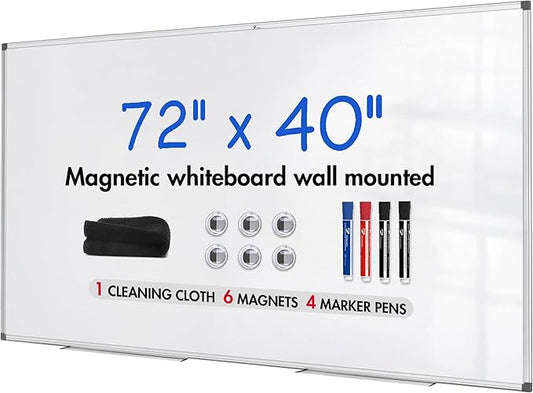 TOWON Magnetic Dry Erase Board, 72 x 40 in White Board Dry Erase, Aluminum Framed Whiteboard for Wall, Large Dry Erase Board Wall Mounted with Markers, Pen Tray, Magnets, Cleaning Wipe, Silver Border