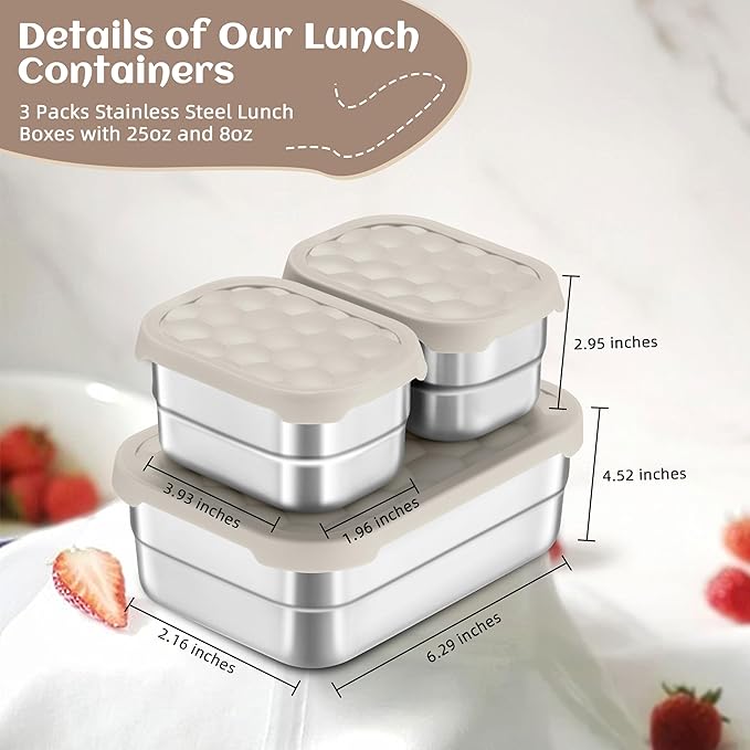HaWare Stainless Steel Lunch Box Containers for Kids, Leak Proof Food Storage Containers with Khaki Silicone Lids, Easy Open Bento Box for School and Daycare, Portable Metal Snack Box (8oz*2+25oz)