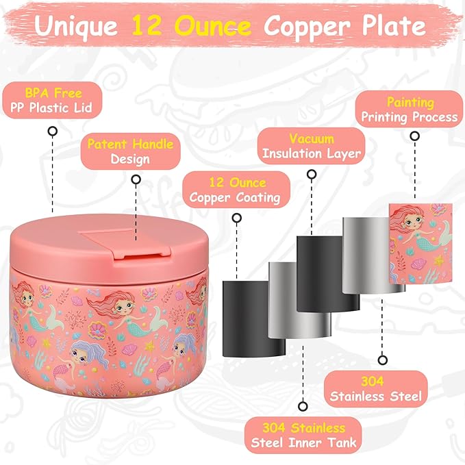Pawtong 12oz Insulated Vacuum Food Jar with Buckle Lid Wide Mouth Soup Thermo for Hot Food Kids Leakproof Stainless Steel Lunch Container (mermaid)